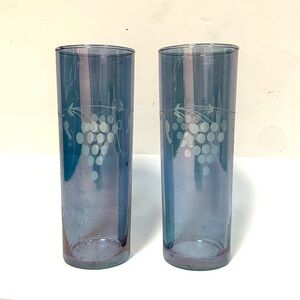 Vintage Iridescent Blue Etched Tall Glasses Set of 2